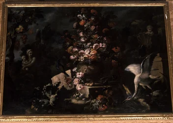 Nature morte dans un paysage avec une figure féminine